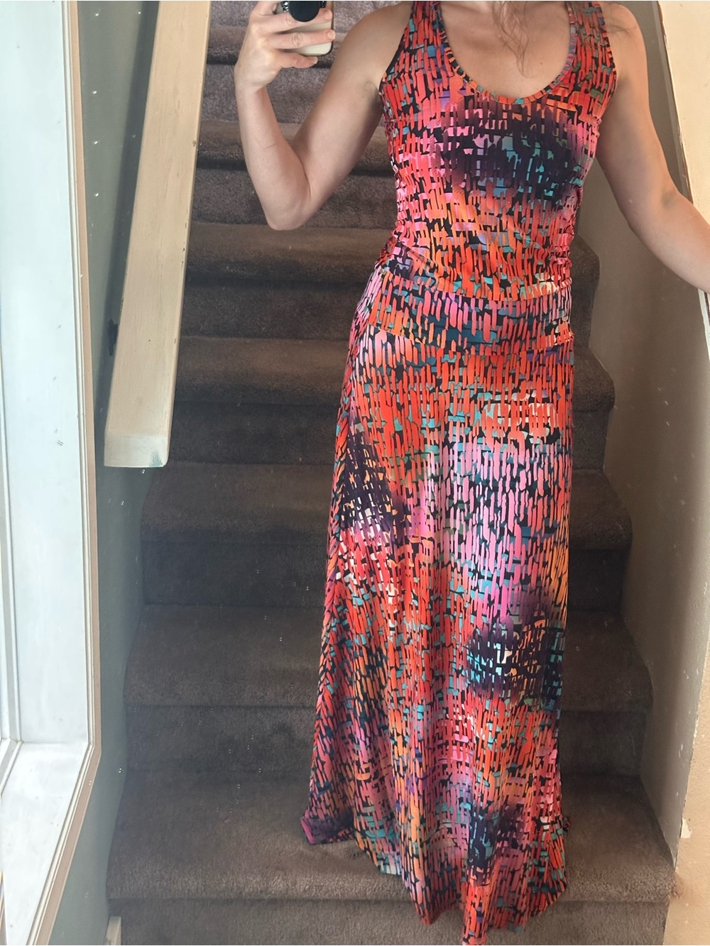 Veronica M Vibrant Pink & Orange Patterned Racerback Maxi Dress